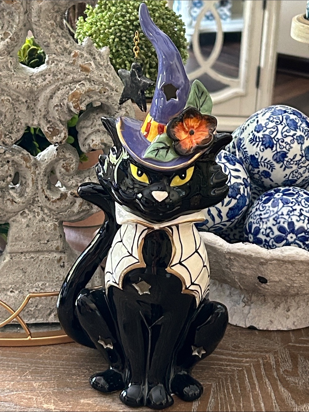 NEW! Large Ceramic Halloween Black Witch Cat Candle Holder Lantern